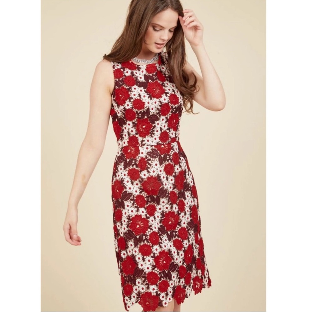 Modcloth Red and White Floral Lace Midi Dress